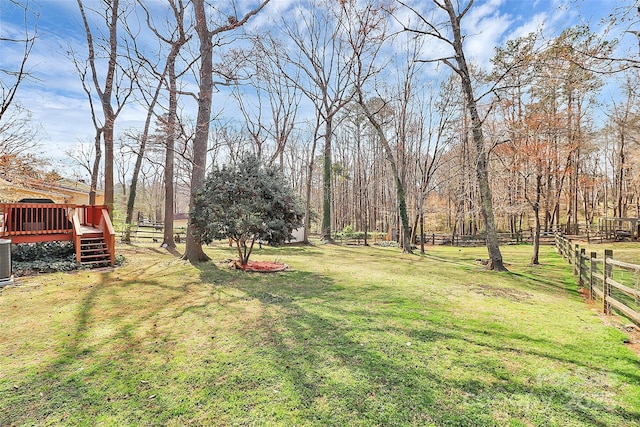 view of yard with a deck and fence