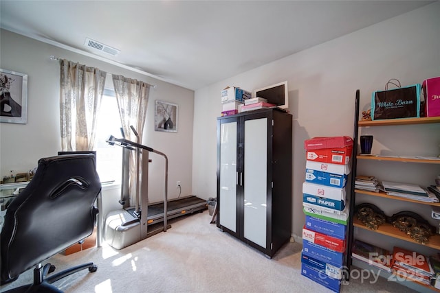 workout area featuring carpet flooring and visible vents