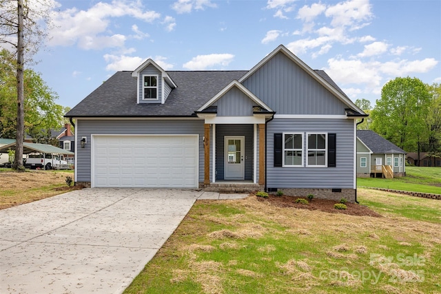 view of front of property with crawl space, a front lawn, an attached garage, a shingled roof, and concrete driveway