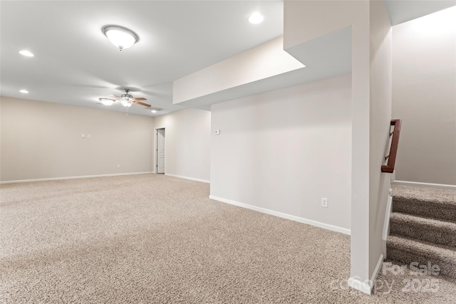 3104 Streamhaven Dr, Indian Land, SC 29707 - basement featuring a ceiling fan, recessed lighting, stairway, carpet flooring, and baseboards