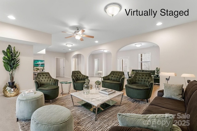 3104 Streamhaven Dr, Indian Land, SC 29707 - living area featuring arched walkways, recessed lighting, and ceiling fan