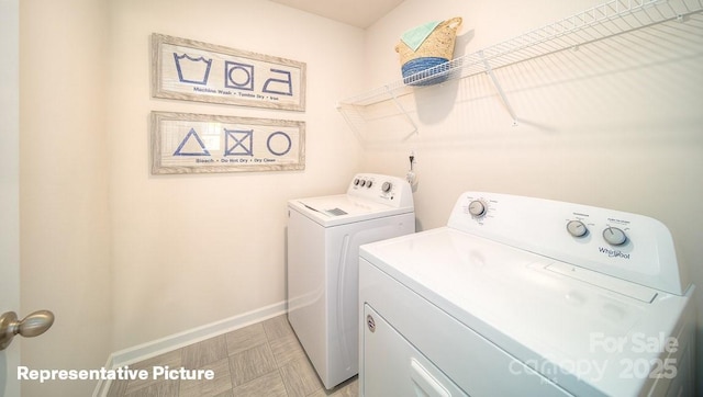 laundry room featuring washer and dryer, baseboards, and laundry area