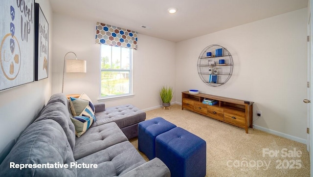 living room featuring visible vents, recessed lighting, carpet, and baseboards