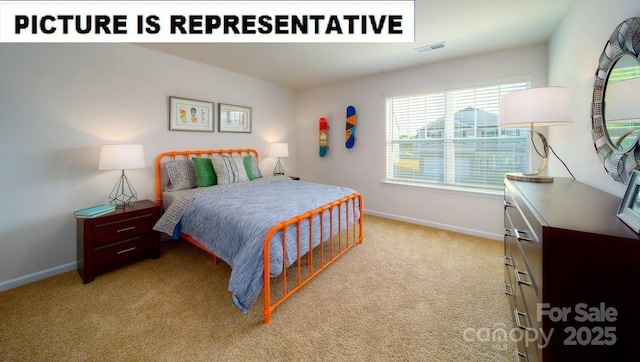 bedroom with baseboards, light carpet, and visible vents