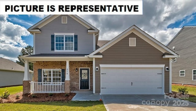 craftsman-style home with a porch, concrete driveway, brick siding, and an attached garage