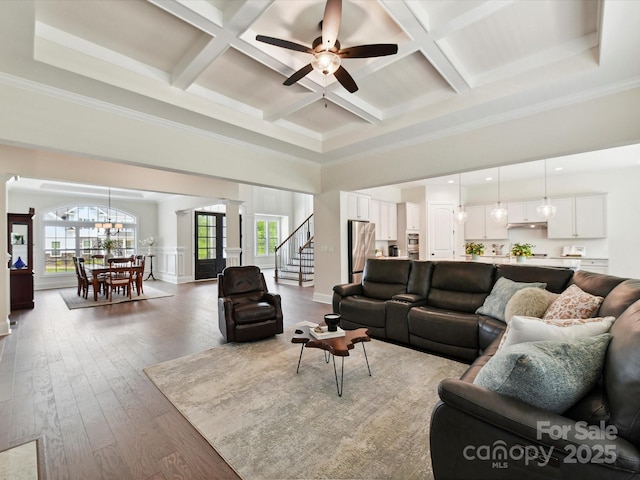 873 Penny Royal Ave, Fort Mill, SC 29715 - living room with a high ceiling, coffered ceiling, stairway, hardwood / wood-style flooring, and beamed ceiling