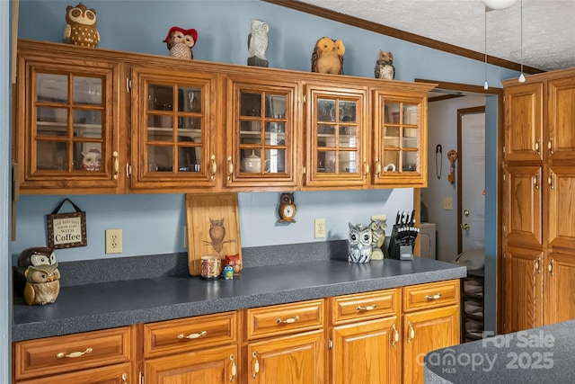 kitchen with brown cabinetry, ornamental molding, glass insert cabinets, a textured ceiling, and dark countertops