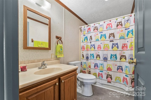 full bath with vanity, tile patterned flooring, shower / bath combination with curtain, a textured ceiling, and toilet