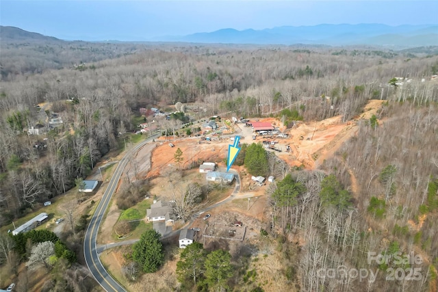 birds eye view of property with a view of trees and a mountain view