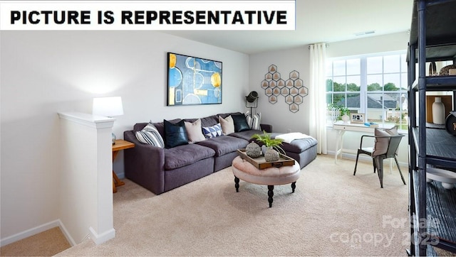 carpeted living area featuring visible vents and baseboards