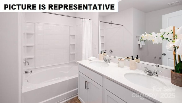 full bathroom featuring double vanity, visible vents, shower / bath combo with shower curtain, and a sink