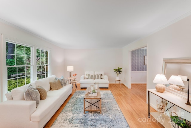 living area with light wood-type flooring, ornamental molding, and baseboards