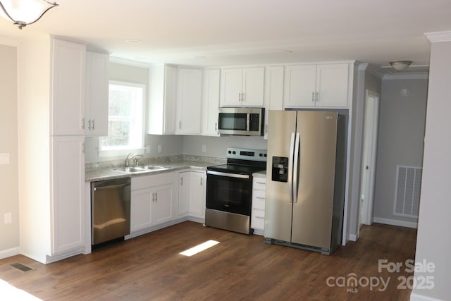 kitchen featuring a sink, white cabinets, visible vents, and stainless steel appliances