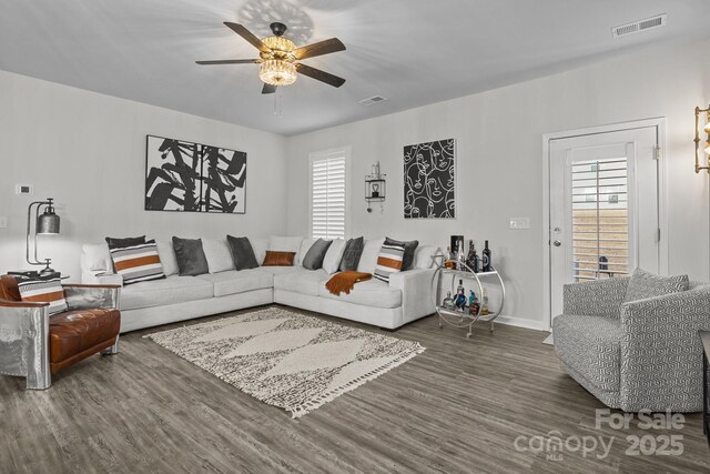 7172 Indigo Way, Denver, NC 28037 - living area featuring ceiling fan, wood finished floors, and healthy amount of natural light