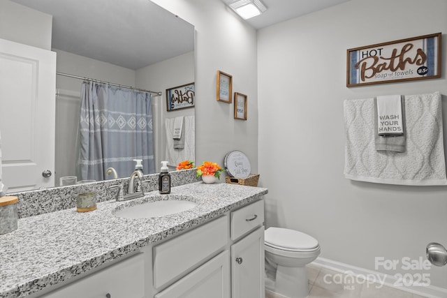 7172 Indigo Way, Denver, NC 28037 - full bath featuring tile patterned floors, toilet, vanity, baseboards, and a shower with shower curtain