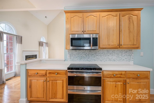 kitchen featuring tasteful backsplash, appliances with stainless steel finishes, lofted ceiling, and a premium fireplace