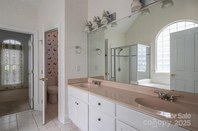 bathroom with tile patterned flooring, a shower stall, lofted ceiling, and a sink