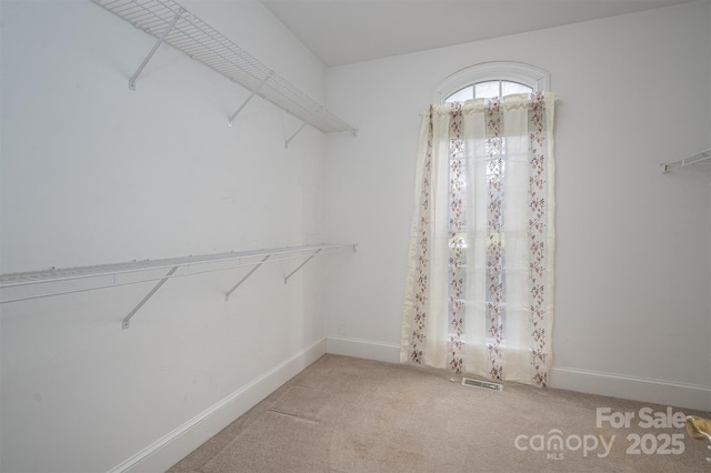 walk in closet featuring visible vents and light carpet