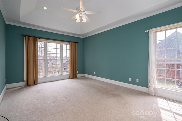 carpeted empty room featuring a tray ceiling, visible vents, baseboards, and a healthy amount of sunlight