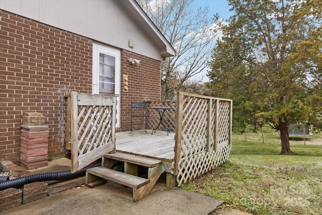 wooden deck featuring a yard and a trampoline