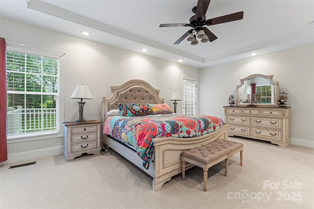 4858 Sagittarius Cir, Denver, NC 28037 - bedroom with a tray ceiling, recessed lighting, light carpet, baseboards, and ceiling fan