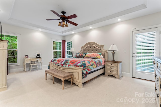 4858 Sagittarius Cir, Denver, NC 28037 - bedroom featuring a raised ceiling, light carpet, recessed lighting, baseboards, and ceiling fan