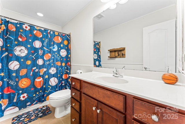 4858 Sagittarius Cir, Denver, NC 28037 - bathroom with tile patterned flooring, toilet, vanity, crown molding, and a shower with curtain
