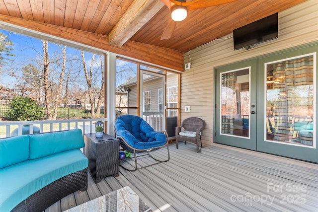 4858 Sagittarius Cir, Denver, NC 28037 - sunroom / solarium featuring french doors, a ceiling fan, an outdoor living space, beamed ceiling, and healthy amount of natural light