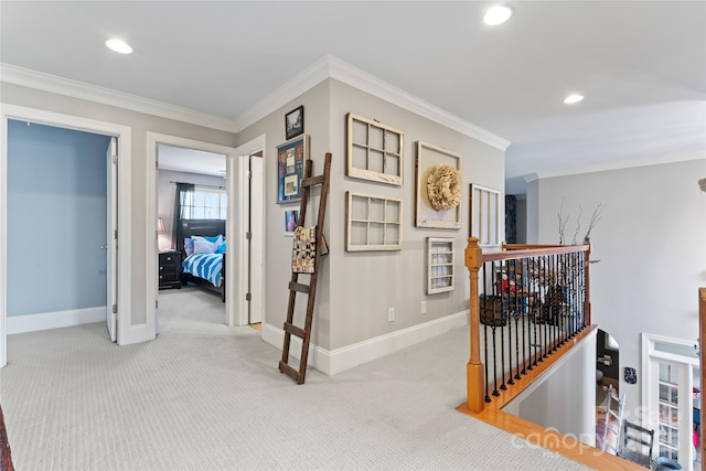 4858 Sagittarius Cir, Denver, NC 28037 - hall with an upstairs landing, carpet, crown molding, baseboards, and recessed lighting