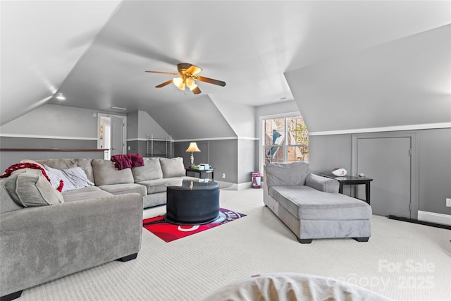 4858 Sagittarius Cir, Denver, NC 28037 - carpeted living room featuring vaulted ceiling, a ceiling fan, and baseboards