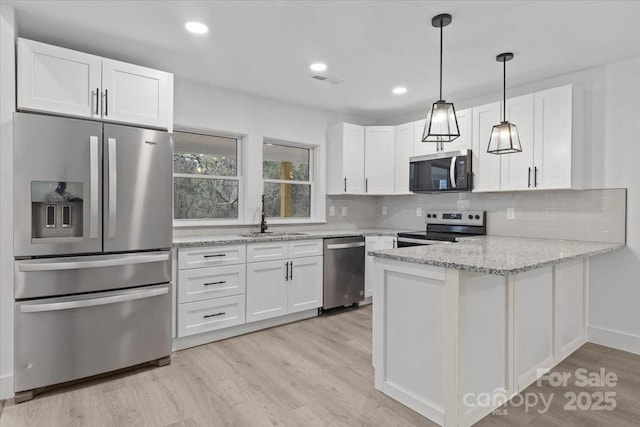 kitchen with white cabinets, a peninsula, stainless steel appliances, and a sink