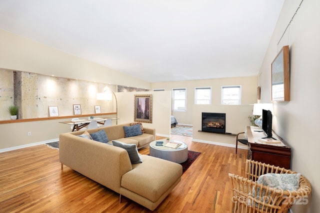 32 Broadway St Unit 330, Asheville, NC 28801 - living area with lofted ceiling, a glass covered fireplace, wood finished floors, and baseboards