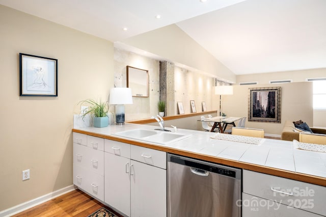 32 Broadway St Unit 330, Asheville, NC 28801 - kitchen featuring stainless steel dishwasher, a sink, vaulted ceiling, light wood-style flooring, and baseboards