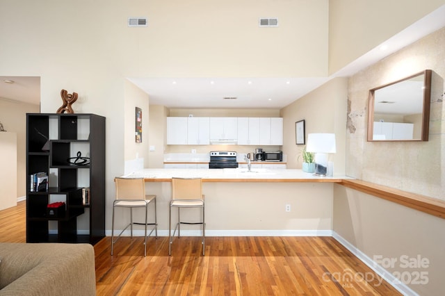 32 Broadway St Unit 330, Asheville, NC 28801 - kitchen featuring electric range, a peninsula, light wood-style flooring, white cabinets, and recessed lighting