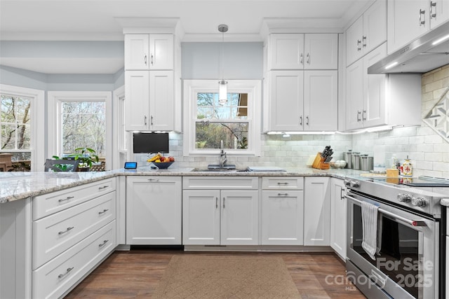 kitchen featuring dark wood-type flooring, under cabinet range hood, white cabinets, and stainless steel electric range