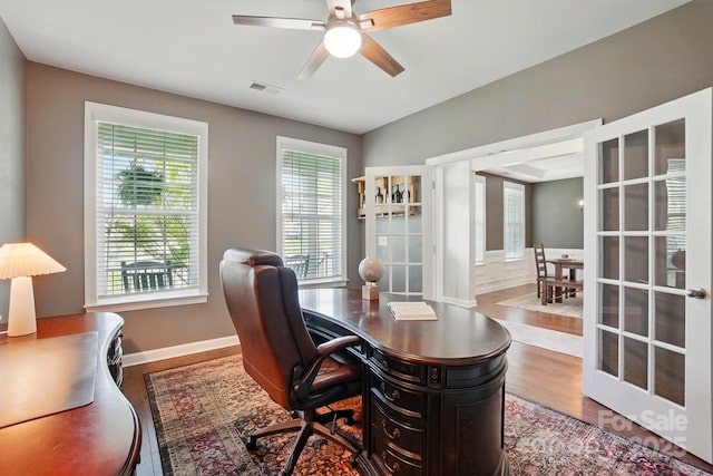 5140 Oak Grove Pl, Waxhaw, NC 28173 - office space featuring wood finished floors, baseboards, a ceiling fan, and visible vents