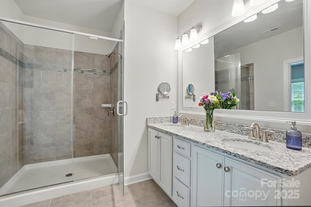 5140 Oak Grove Pl, Waxhaw, NC 28173 - full bath with tile patterned floors, double vanity, a sink, and a stall shower