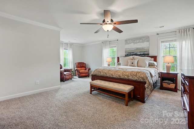 5140 Oak Grove Pl, Waxhaw, NC 28173 - bedroom featuring visible vents, baseboards, ornamental molding, ceiling fan, and light carpet