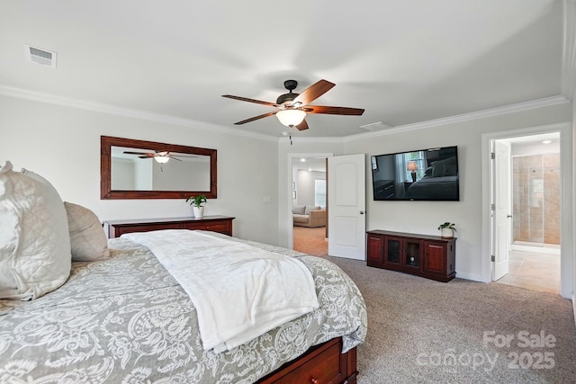5140 Oak Grove Pl, Waxhaw, NC 28173 - bedroom featuring visible vents, baseboards, a ceiling fan, crown molding, and light colored carpet