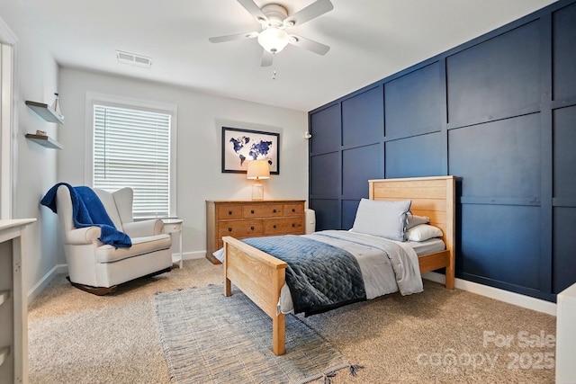 5140 Oak Grove Pl, Waxhaw, NC 28173 - bedroom with visible vents, baseboards, ceiling fan, and light colored carpet