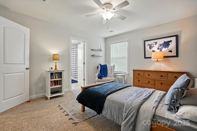 5140 Oak Grove Pl, Waxhaw, NC 28173 - bedroom featuring ensuite bath, a ceiling fan, visible vents, carpet floors, and baseboards