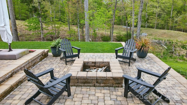 5140 Oak Grove Pl, Waxhaw, NC 28173 - view of patio / terrace with a wooded view and a fire pit