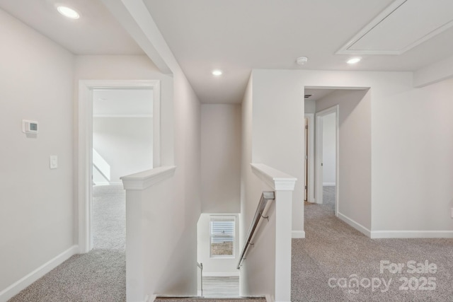 1305 31st St NE, Conover, NC 28613 - hall with carpet, attic access, an upstairs landing, and recessed lighting