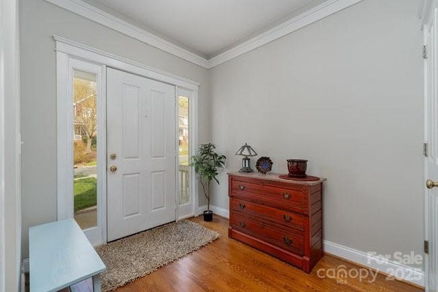 10802 Tradition View Dr, Charlotte, NC 28269 - foyer featuring baseboards, wood finished floors, and crown molding