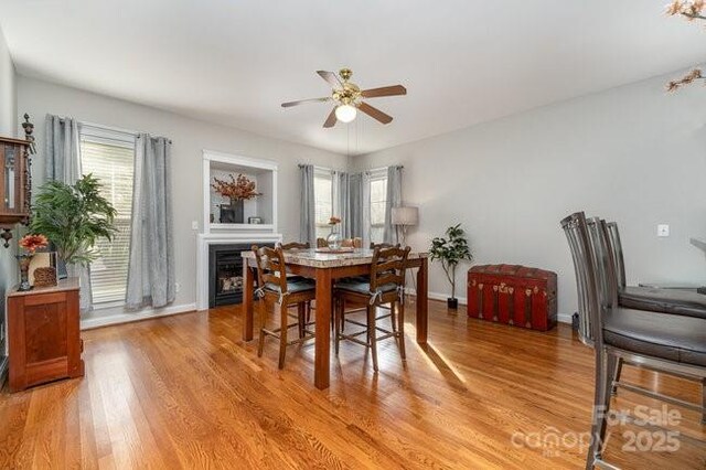 10802 Tradition View Dr, Charlotte, NC 28269 - dining space with a fireplace, a healthy amount of sunlight, light wood finished floors, and ceiling fan