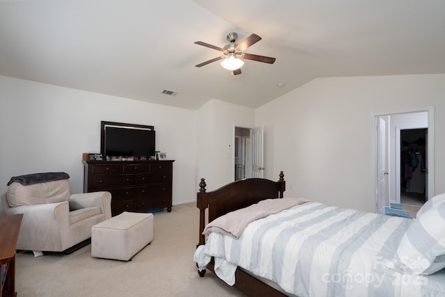 bedroom featuring visible vents, a ceiling fan, light carpet, and lofted ceiling