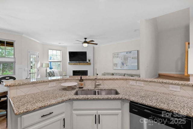 6021 Sweetbay Ln, Indian Land, SC 29707 - kitchen featuring crown molding, dishwasher, a ceiling fan, a sink, and open floor plan
