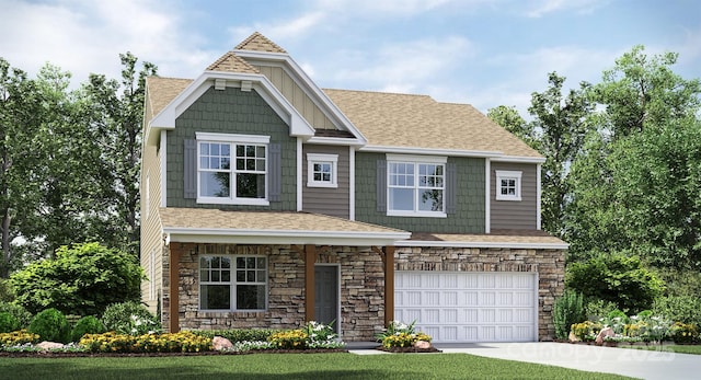 craftsman house with stone siding, a shingled roof, a garage, and driveway