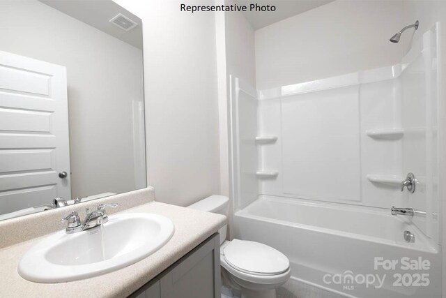 2315 Riggs Rd, Sherrills Ford, NC 28673 - bathroom featuring visible vents, toilet, shower / bath combination, and vanity