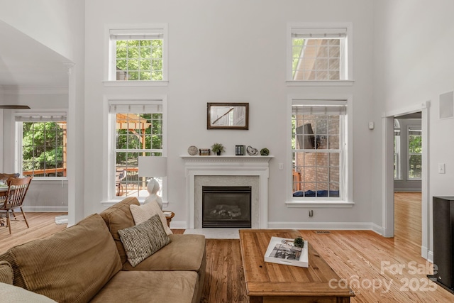 living room featuring a high ceiling, a fireplace with flush hearth, baseboards, and wood finished floors